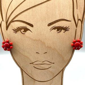 Red Art Glass Cluster Earrings, Bold Beads form a Flower, Japan Vintage Screw